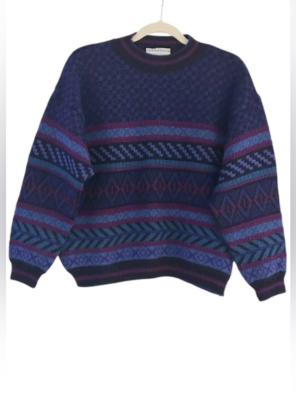 Nomadic Traders Wool Sweater Size Large Vintage Crewneck Purple Blue Patterned